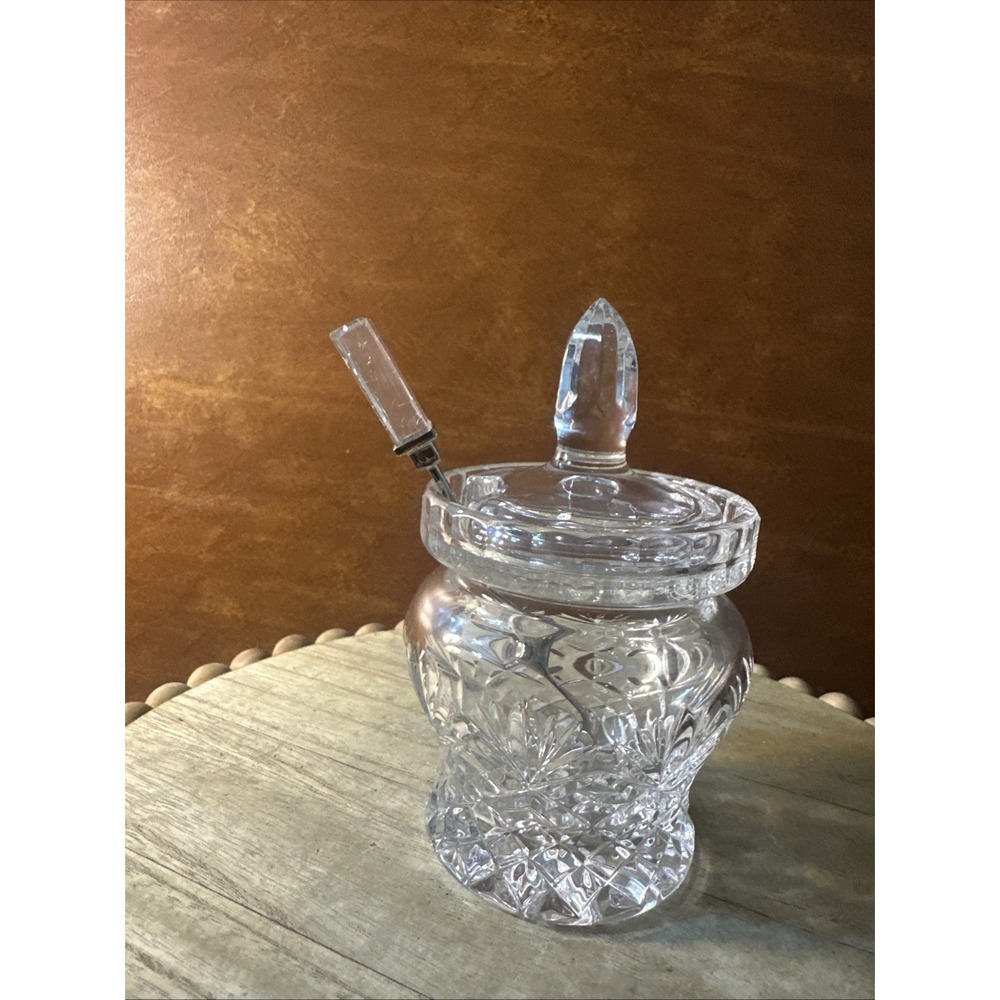 Vtg. Heavy Cut Lead Polish Crystal Lidded Jam Jar 5.5"